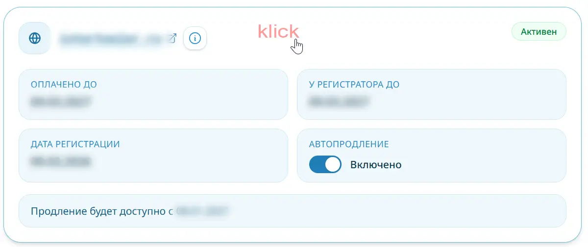 Перейти на страницу подробной информации о домене в личном кабинете Siteko